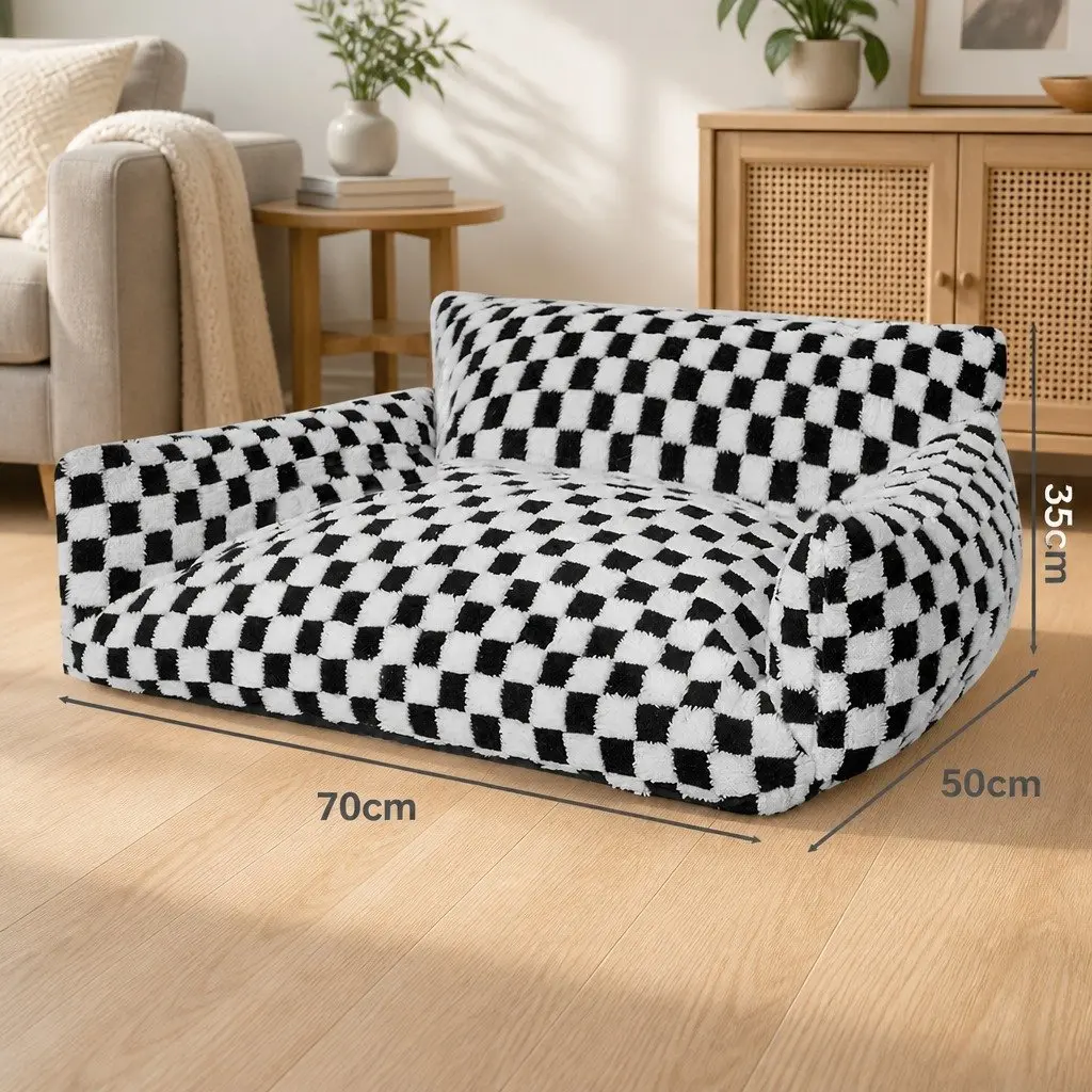Pet Bed Plush Checkered Washable Removable Cover Bolster Support 70cm L x 50cm W x 35cm H Black and White