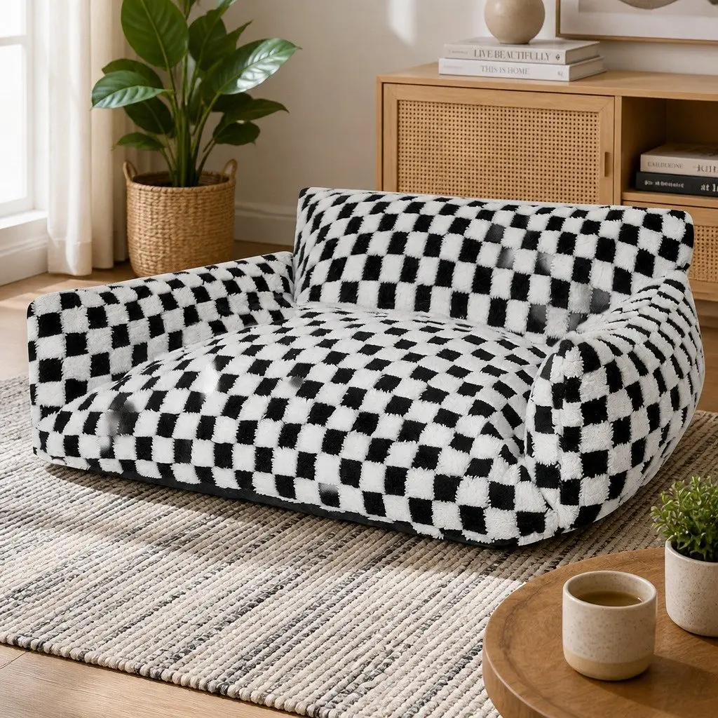 Pet Bed Plush Checkered Washable Removable Cover Bolster Support 70cm L x 50cm W x 35cm H Black and White