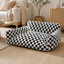 Pet Bed Plush Checkered Dog Cat Bed Washable Removable Cover Raised Bolsters