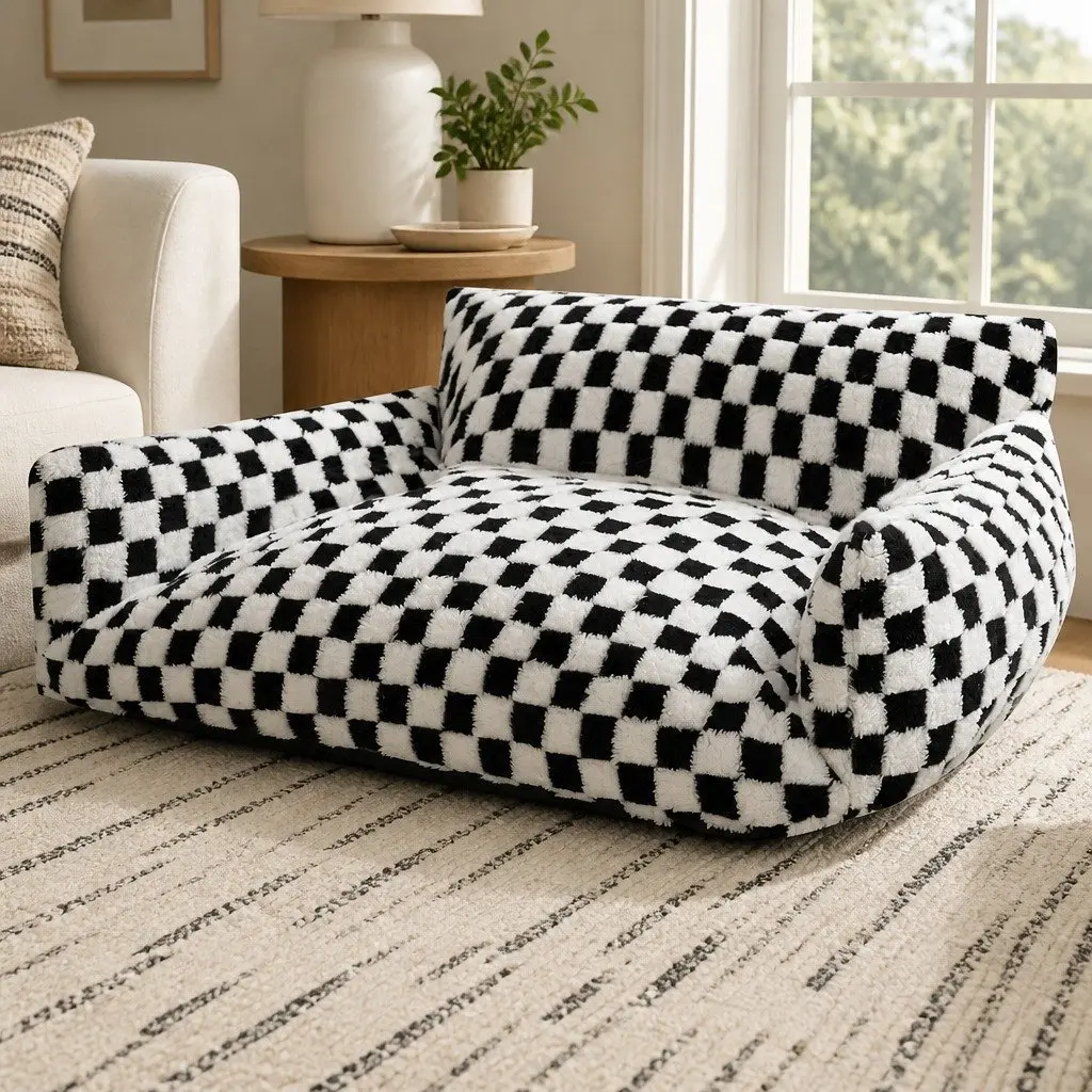 Pet Bed Plush Checkered Washable Removable Cover 120cm x 90cm Black and White