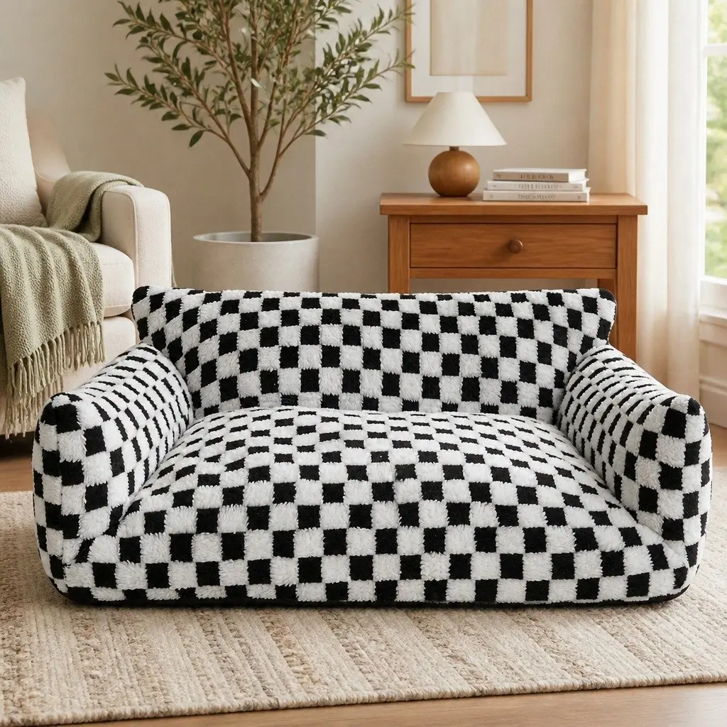 Pet Bed Plush Checkered Washable Removable Cover 120cm x 90cm Black and White