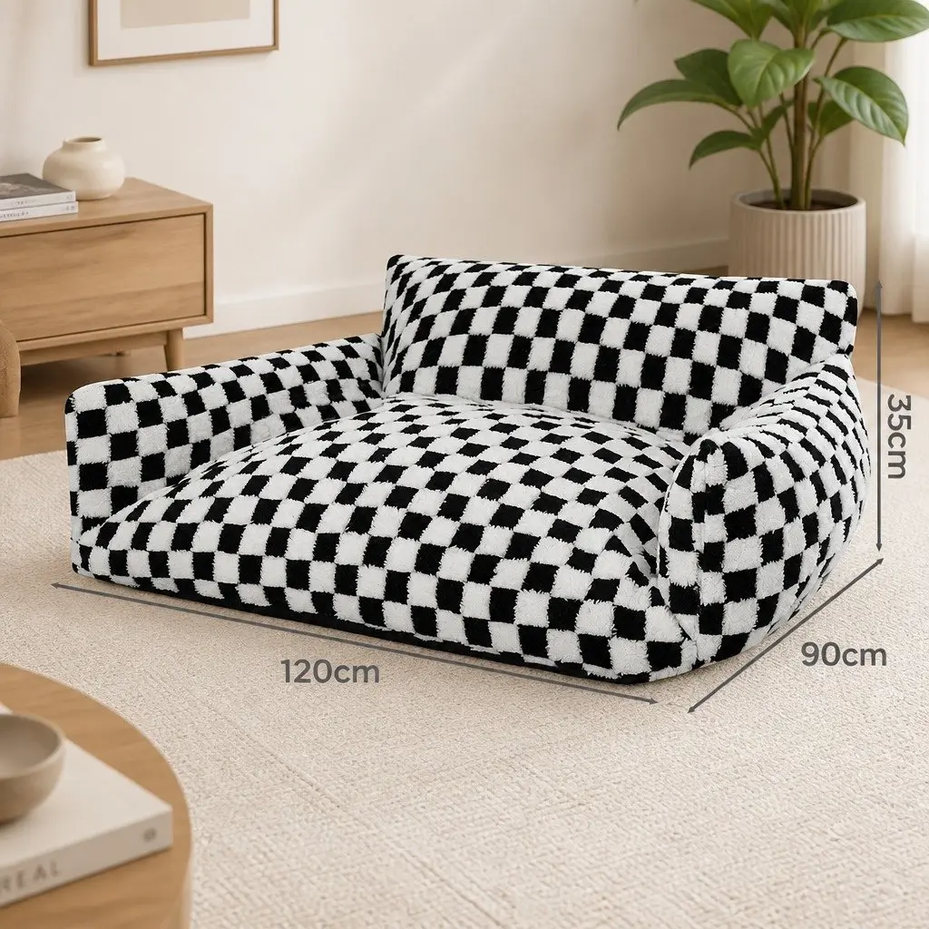 Pet Bed Plush Checkered Washable Removable Cover 120cm x 90cm Black and White