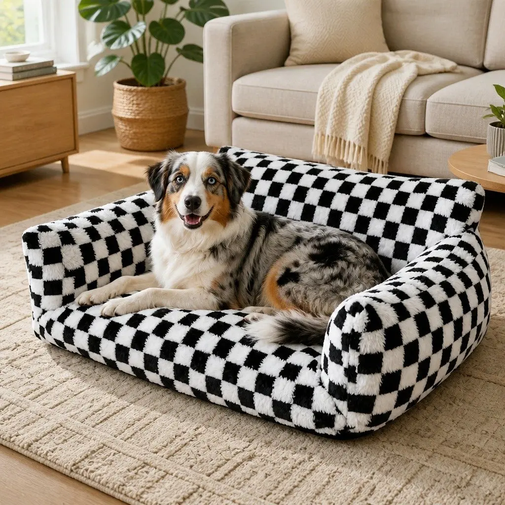 Pet Bed Plush Checkered Washable Removable Cover 120cm x 90cm Black and White