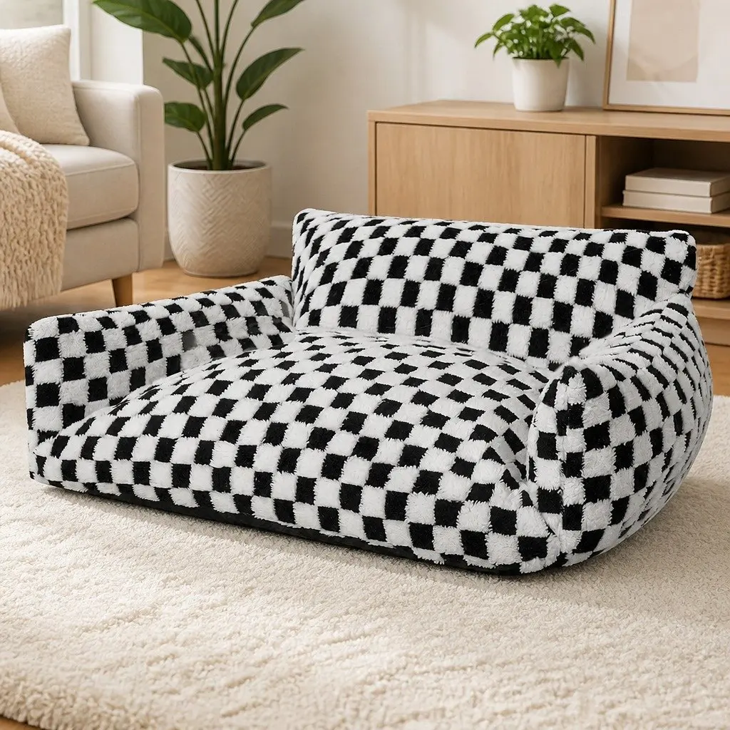 Pet Bed Plush Checkered Washable Removable Cover 120cm x 90cm Black and White