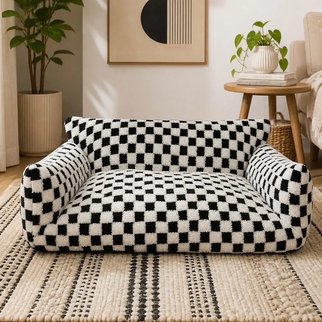 Pet Bed Plush Checkered Washable Removable Cover Raised Bolsters 130cm L x 100cm W Black and White