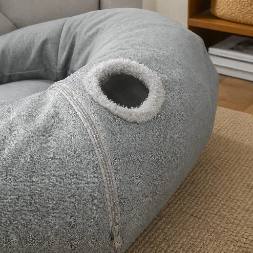 Cat Tunnel Bed 2-in-1 Foldable Indoor Playhouse Grey with Removable Donut Bed and Suspended Toys