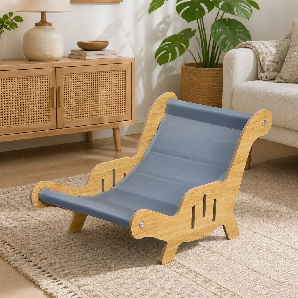 Cat Cooling Bed Gel Sofa Lounger L-Shaped Indoor Light Wood Grey