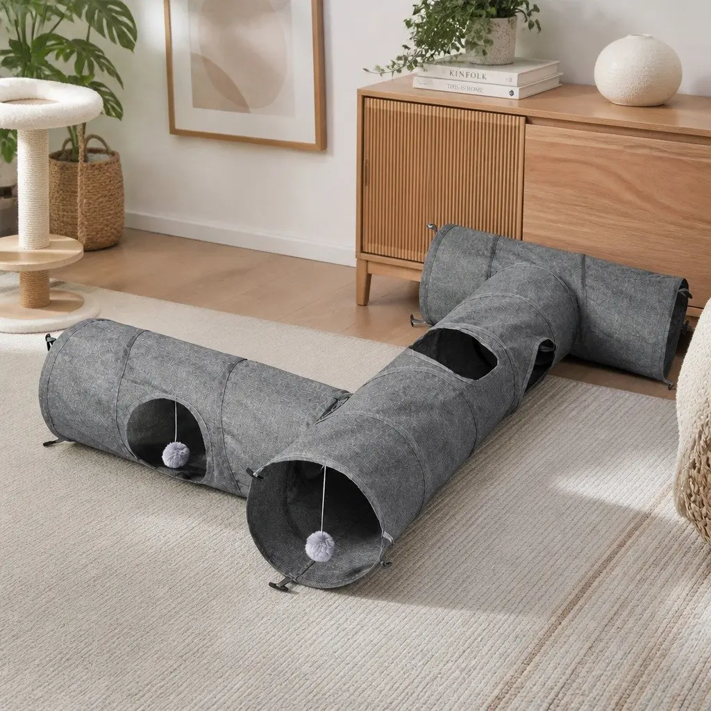 Cat Tunnel Modular Foldable Interactive Play Tube 3 Piece Grey