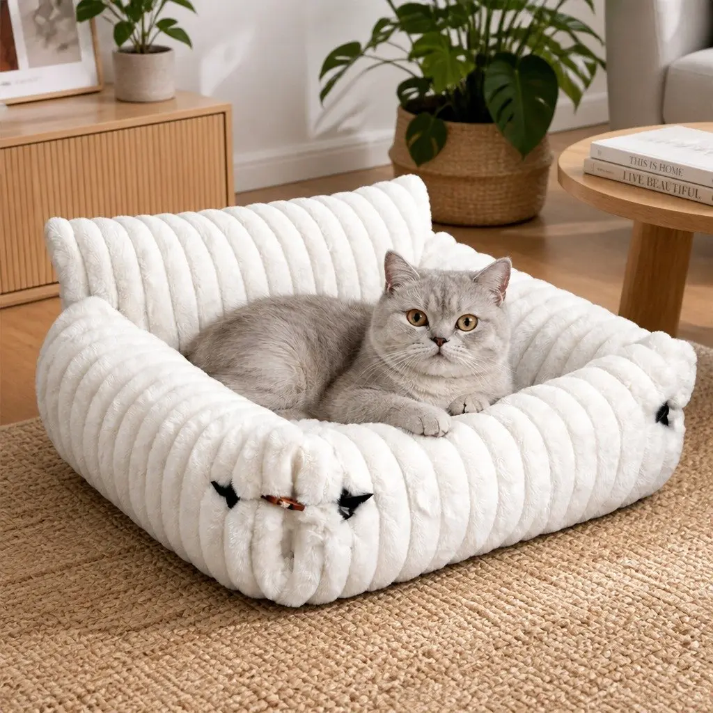 Cat Bed Sofa Couch Pet Lounge Expandable Snap Button Extended Plush Removable