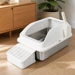 Stainless Steel Cat Litter Box Large High Sided Semi Enclosed Easy Clean White