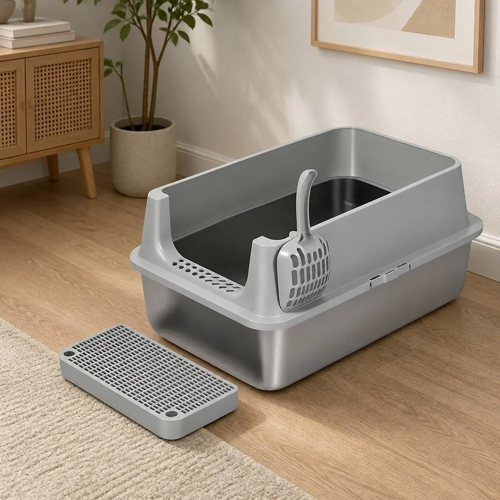 Large Cat Litter Box Semi-Enclosed High Sided Splash Proof Stainless Steel Grey