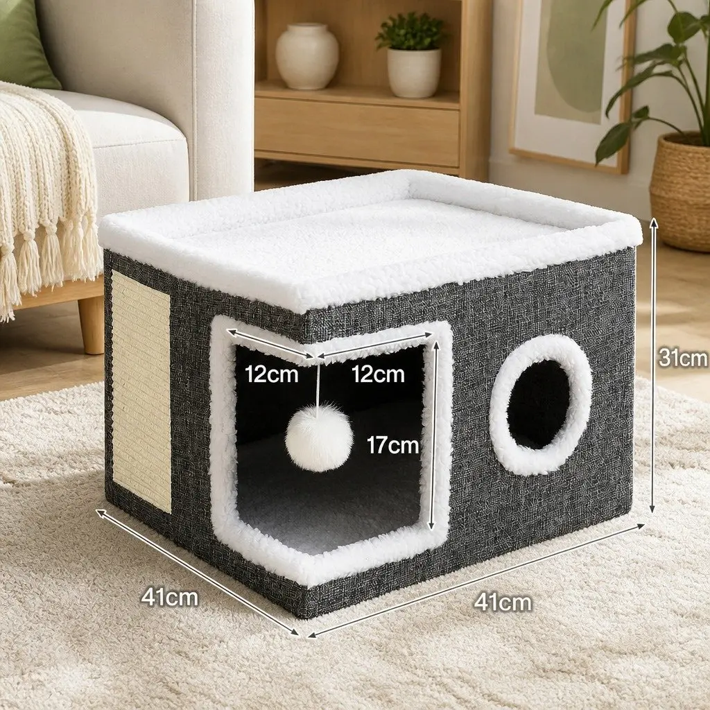 Large Cat House Bed Multi-Level Foldable Grey Linen Fabric Indoor Condo Scratcher