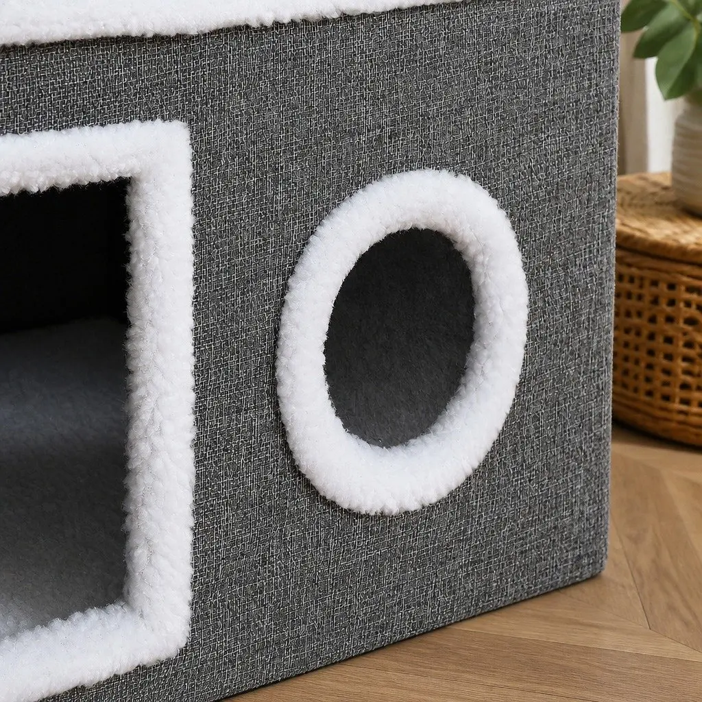 Large Cat House Bed Multi-Level Foldable Grey Linen Fabric Indoor Condo Scratcher