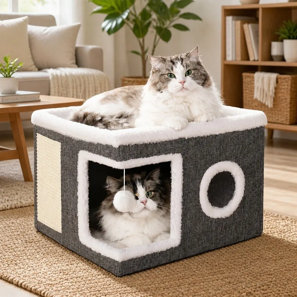 Large Cat House Bed Multi-Level Foldable Grey Linen Fabric Indoor Condo Scratcher