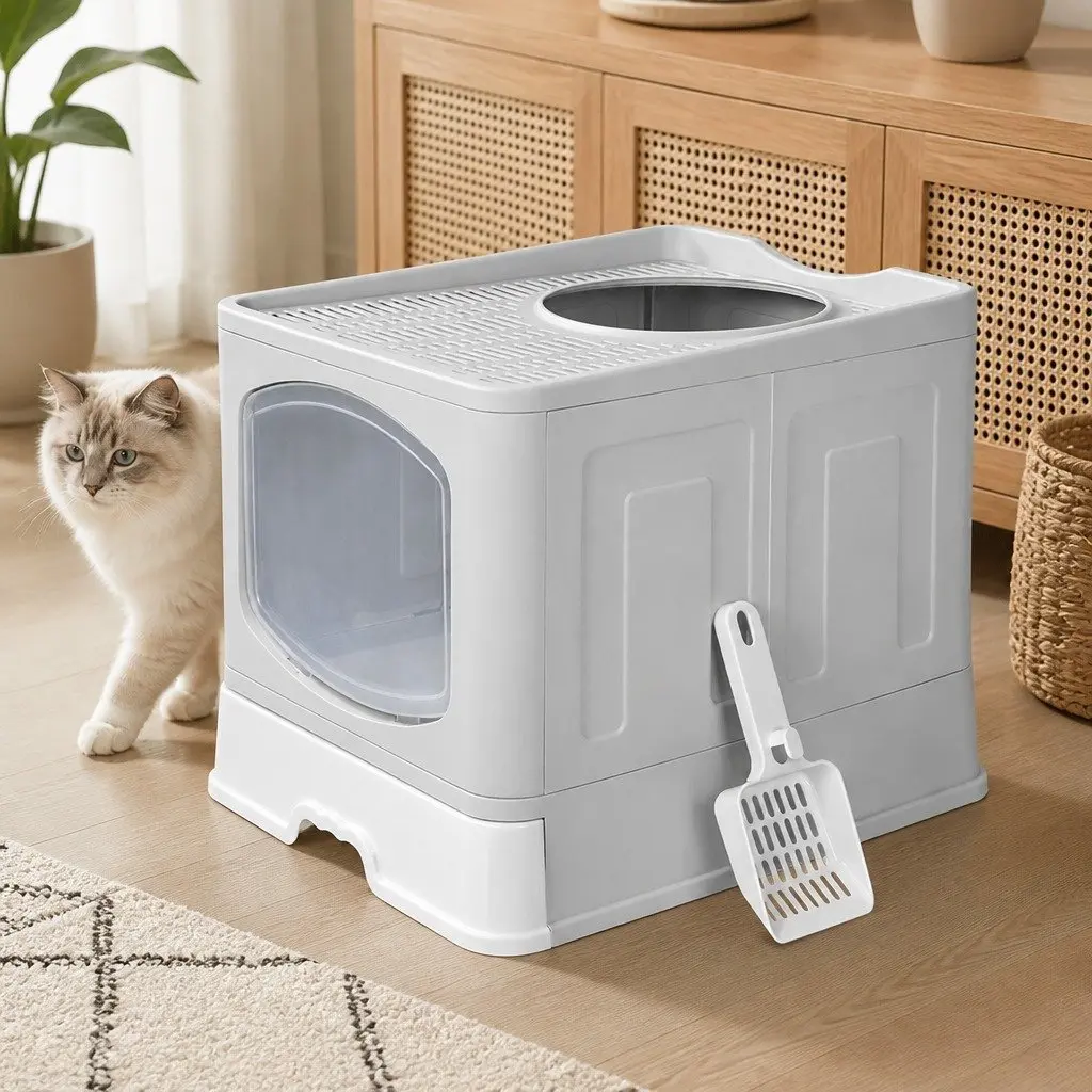 Cat Litter Box Top Entry Foldable Enclosed Private Space Grey