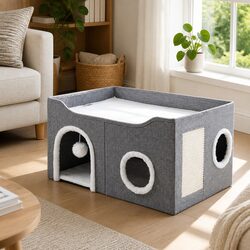 Foldable Cat House Cave Bed Hideaway with Scratching Board Interactive Nest