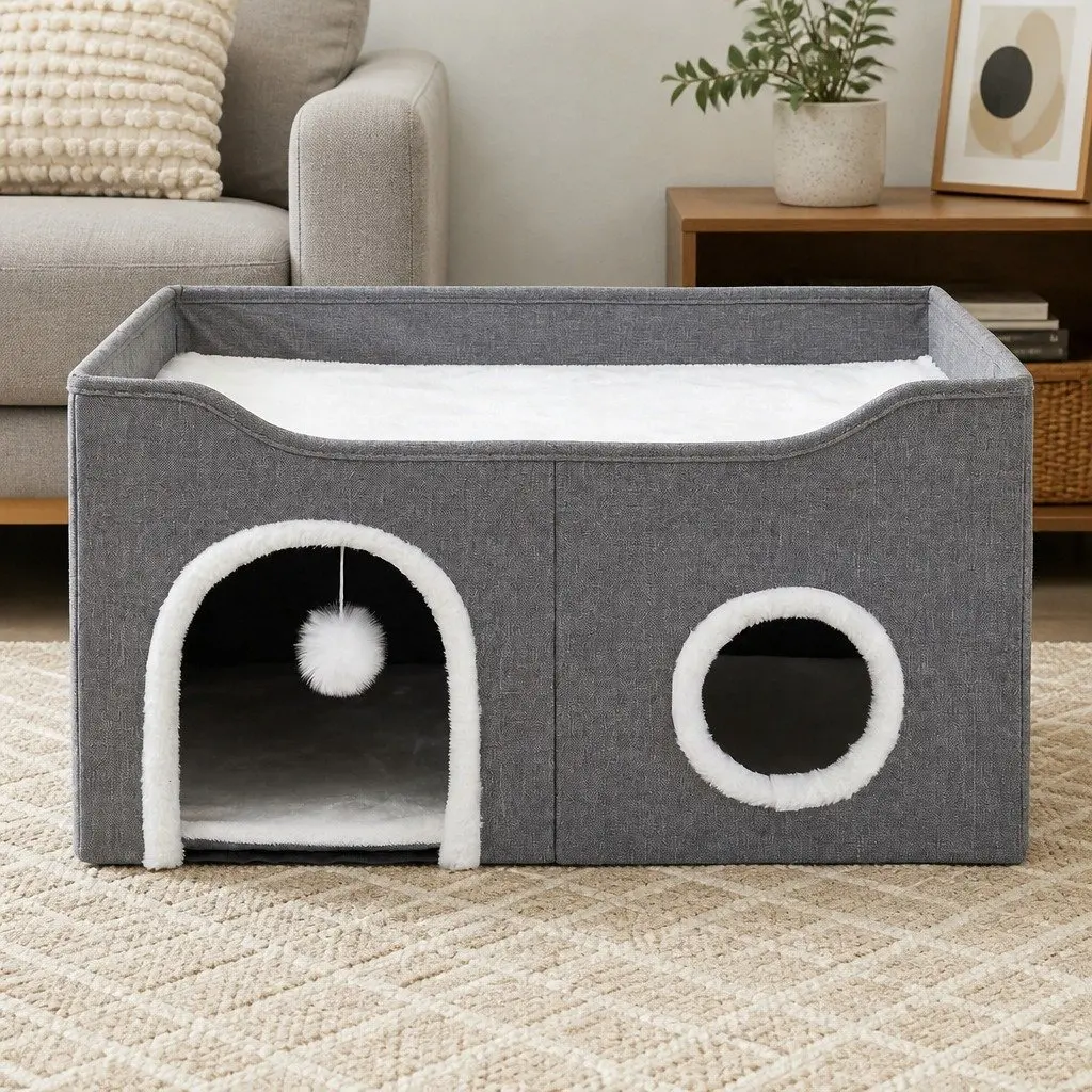 Foldable Cat House Cave Bed Hideaway with Scratching Board Interactive Nest
