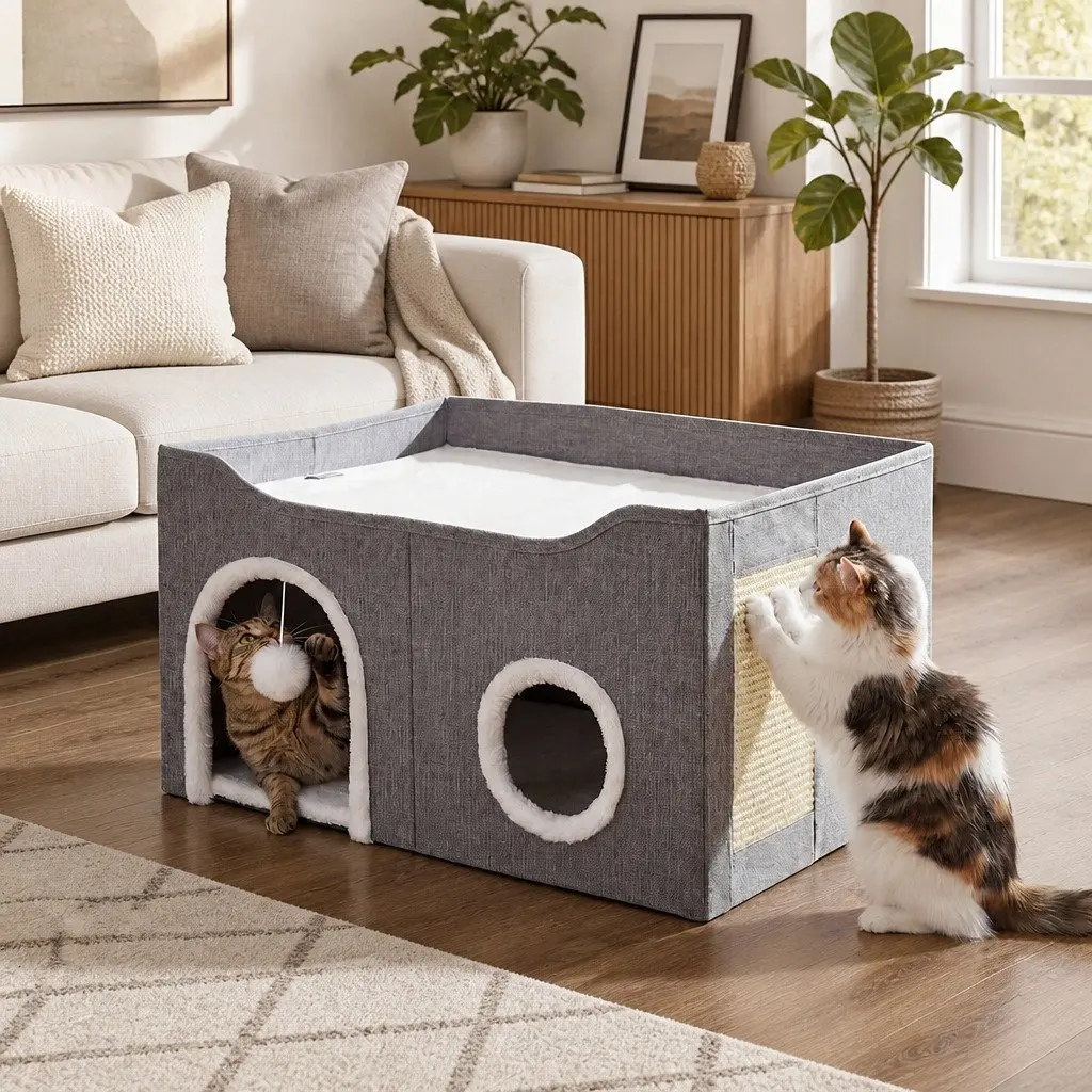 Foldable Cat House Cave Bed Hideaway with Scratching Board Interactive Nest
