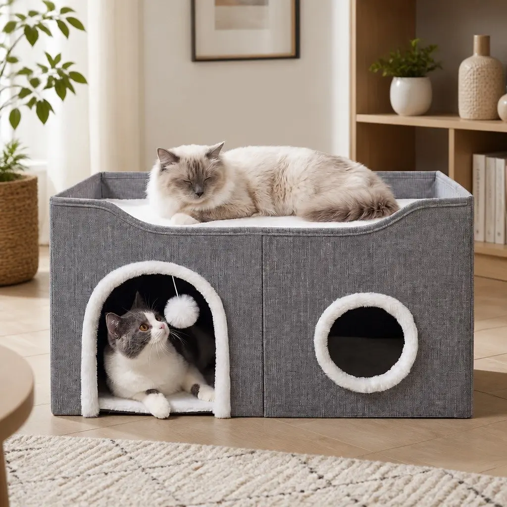 Foldable Cat House Cave Bed Hideaway with Scratching Board Interactive Nest