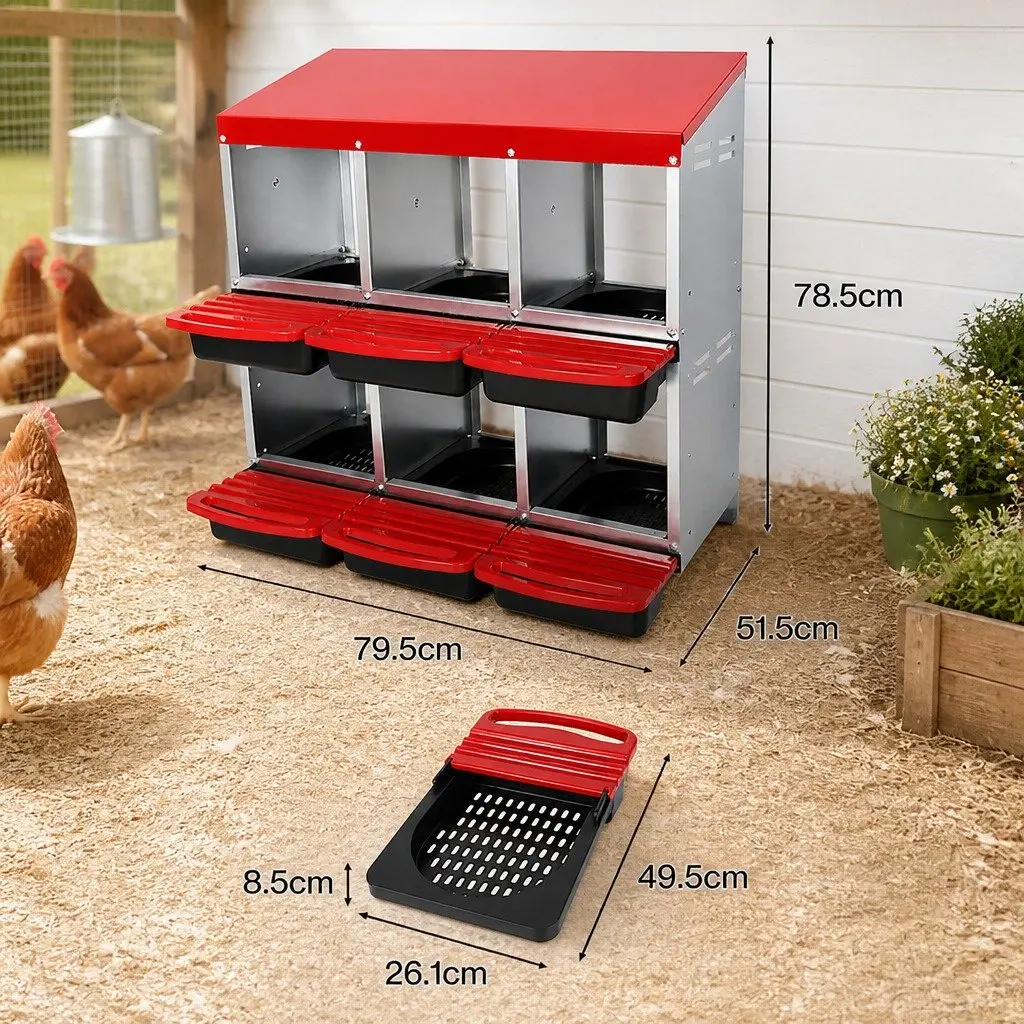 Chicken Nesting Box 6 Hole Roll Away Egg Collection Red Galvanized Steel