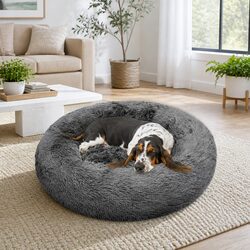 Round Plush Calming Pet Bed Nest Warm Cozy Sleep Dark Grey 90cm Dog Cat