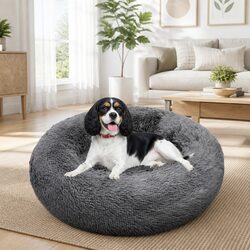 Round Pet Calming Bed Plush Nest Cosy Sleep Mat for Dogs Cats 70cm Dark Grey