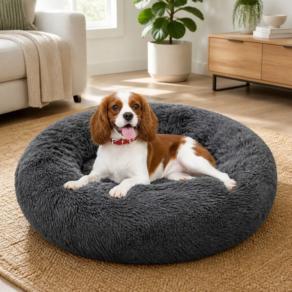 Round Pet Bed Calming Plush Nest 70cm Dark Grey