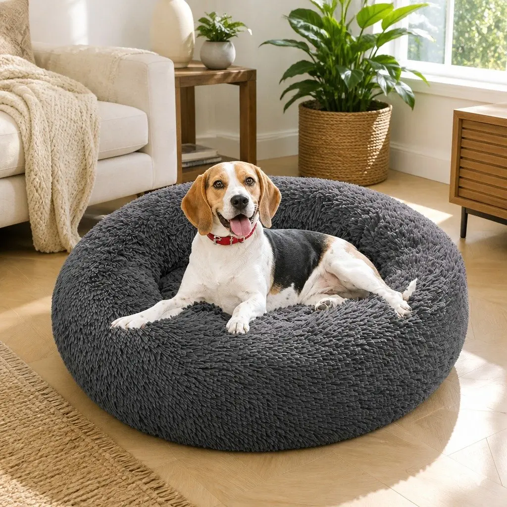 Round Pet Bed Calming Plush Nest 70cm Dark Grey