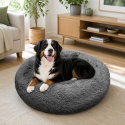 Pet Calming Bed Round Nest Warm Plush Comfy Sleeping Dark Grey 100cm