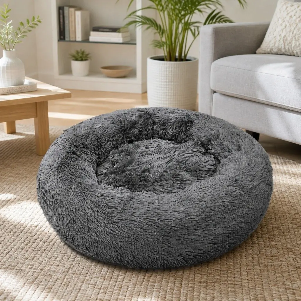 Pet Bed Calming Round Nest Warm Plush Comfy 100cm Dark Grey