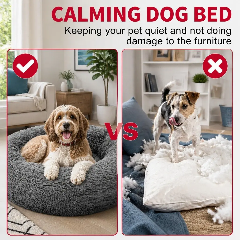 Pet Bed Calming Round Nest Warm Plush Comfy 100cm Dark Grey