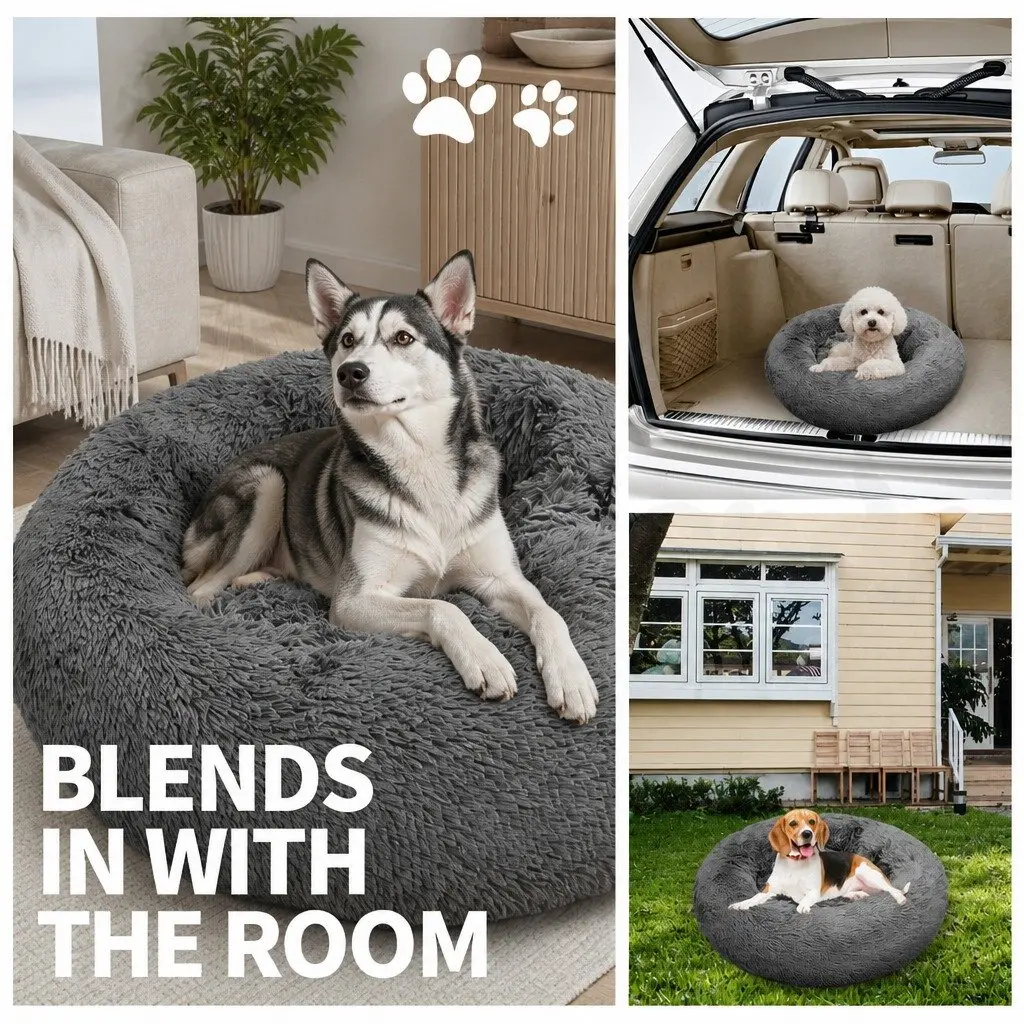 Pet Bed Calming Round Nest Warm Plush Comfy 100cm Dark Grey