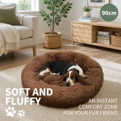 Large Round Dog Bed Plush Warm Pet Nest Cushion Cozy 90cm Light Coffee