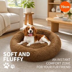 Pet Dog Bed Round Plush Nest Warm Sleeping Kennel Coffee M 70cm Diameter