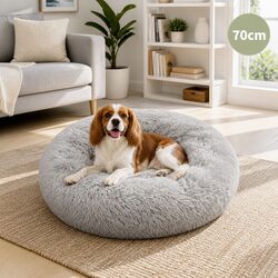 Round Dog Bed Warm Plush Nest Pet Bedding Comfortable M 70cm Light Grey