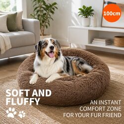 XL Round Dog Bed 100cm Warm Plush Soft Pet Nest Sleeping Mat Light Coffee