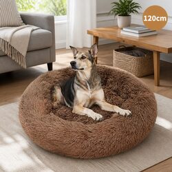 XXL Round Pet Dog Bed Warm Plush Soft Nest Cushion Light Coffee 120cm