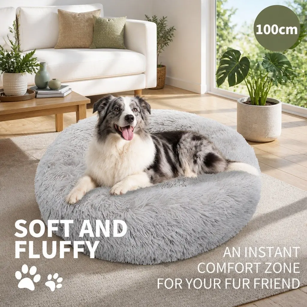 XL Round Dog Bed Warm Plush Comfort Kennel Light Grey 100cm