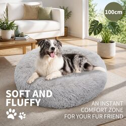 XL Round Dog Bed Warm Plush Pet Nest Comfort Kennel Light Grey 100cm