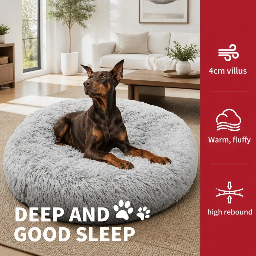 XL Round Dog Bed Warm Plush Comfort Kennel Light Grey 100cm
