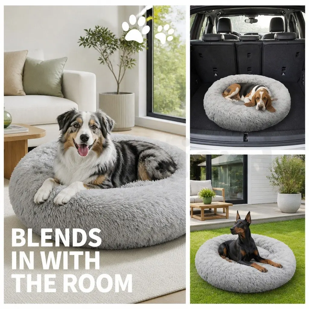 XL Round Dog Bed Warm Plush Comfort Kennel Light Grey 100cm