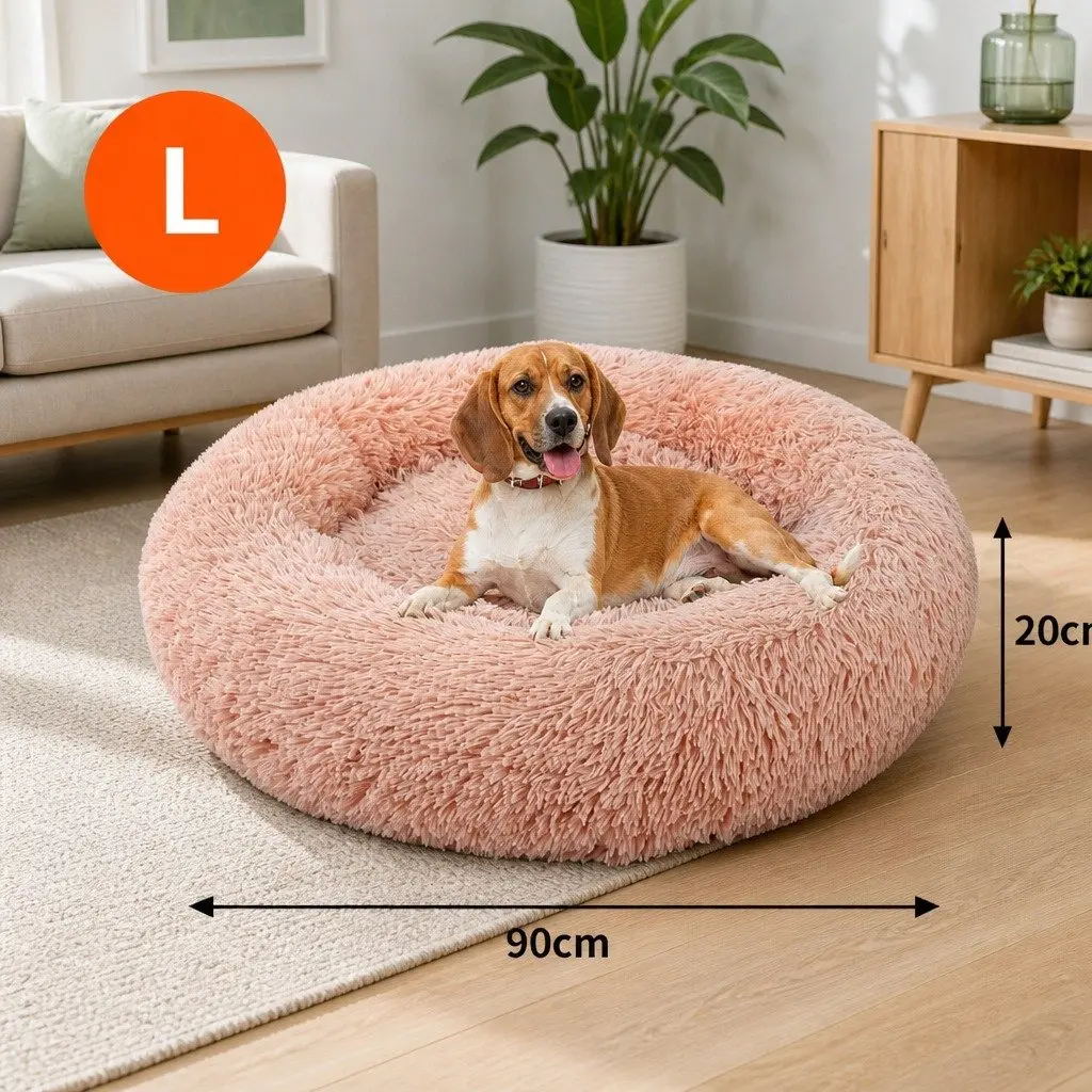 Dog Bed Round Plush Nest Comfy 90cm Pink