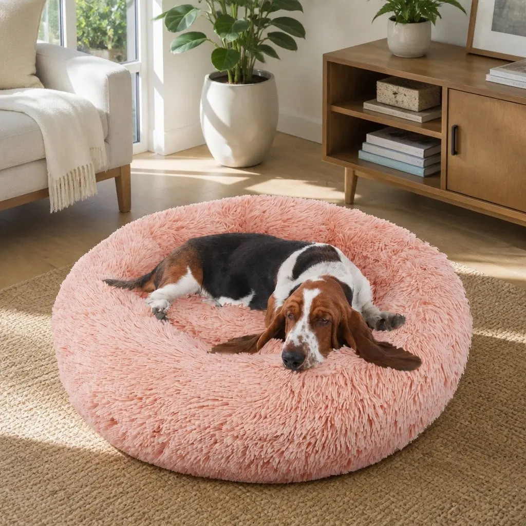 Dog Bed Round Plush Nest Comfy 90cm Pink