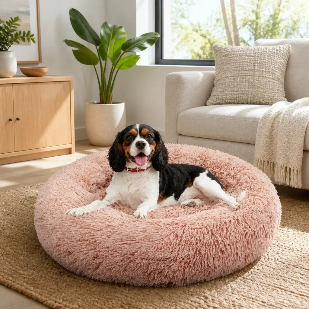 Dog Bed Round Plush Nest Comfy 90cm Pink