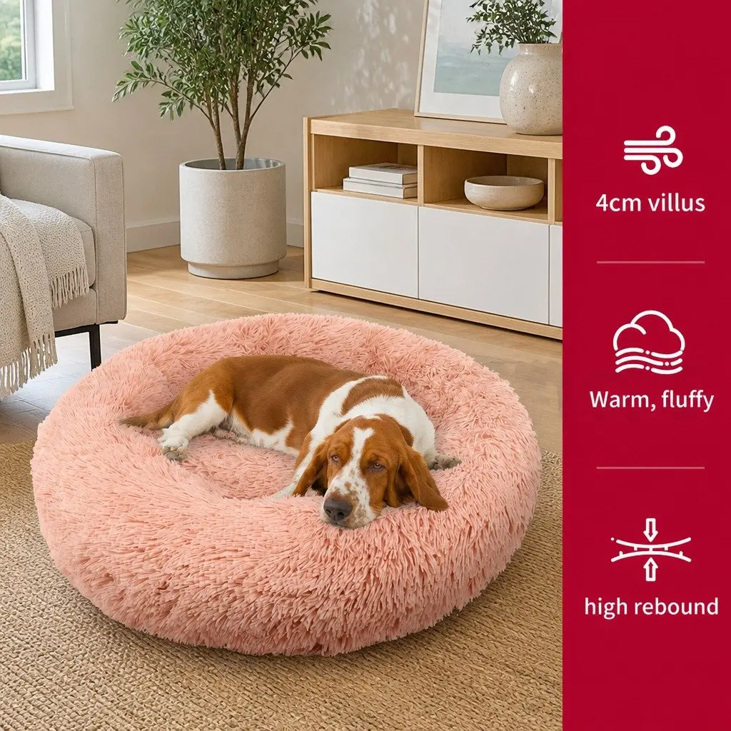 Dog Bed Round Plush Nest Comfy 90cm Pink