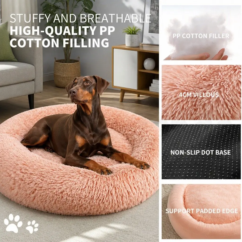 Dog Bed Round Plush Nest Comfy 90cm Pink