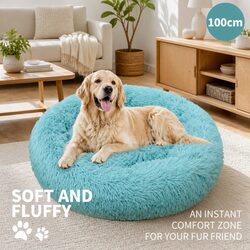 Round Dog Bed Plush Warm Nest Pet Sleep Kennel Comfort Cushion 100cm Green