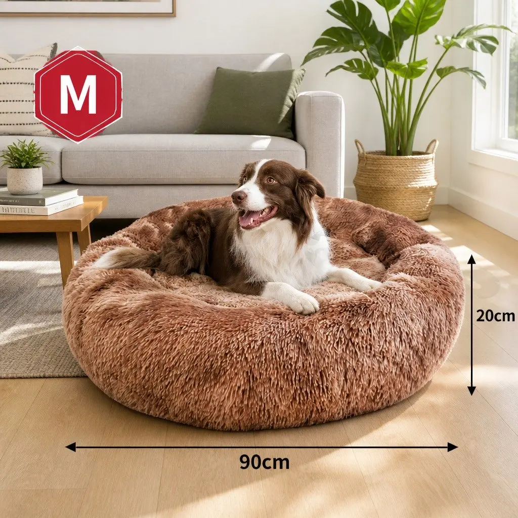 Pet Bed Round Nest Warm Plush Sleeping Cave Kennel for Dogs Cats Brown 90cmx90cmx20cm