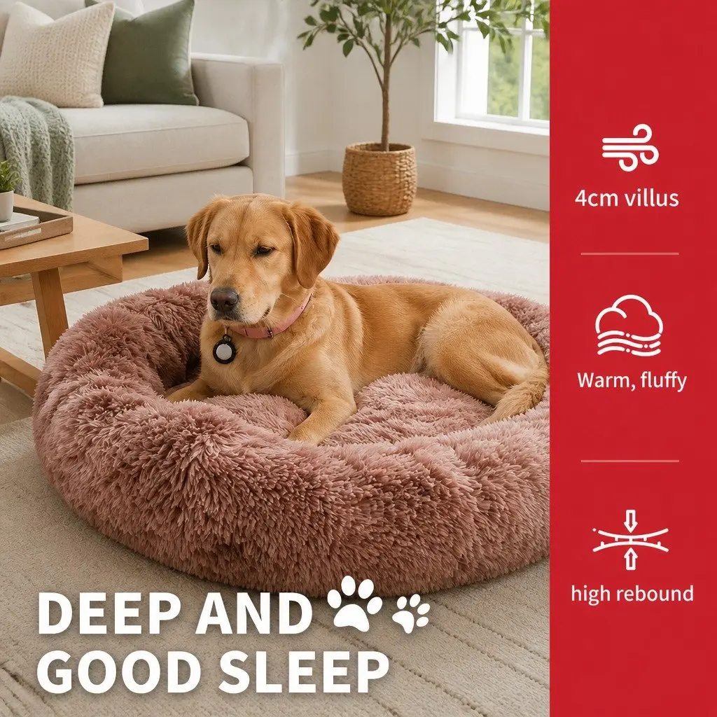 Pet Bed Round Nest Warm Plush Sleeping Cave Kennel for Dogs Cats Brown 90cmx90cmx20cm