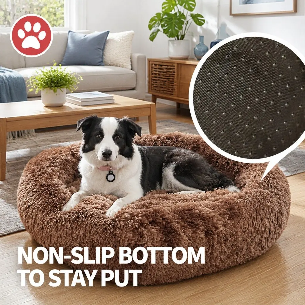Pet Bed Round Nest Warm Plush Sleeping Cave Kennel for Dogs Cats Brown 90cmx90cmx20cm